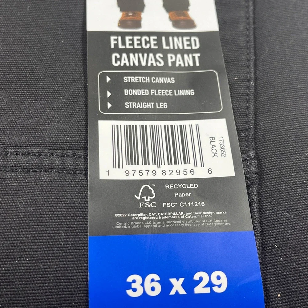 CAT Fleece Lined Canvas‎ Pant Mens 36x29 Black NEW Stretch Straight Leg New